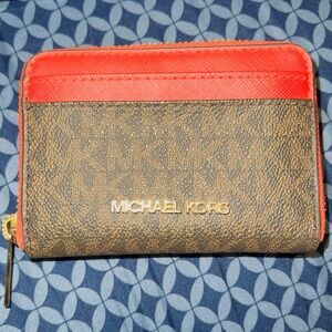 Michael Kors Jet Set Small Zip Around Card Case Wallet - Brown MK Logo & Red